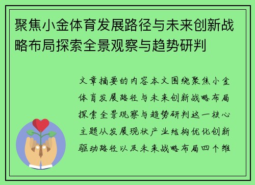 聚焦小金体育发展路径与未来创新战略布局探索全景观察与趋势研判