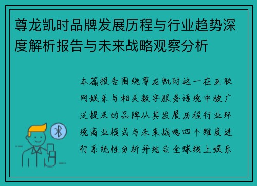 尊龙凯时品牌发展历程与行业趋势深度解析报告与未来战略观察分析